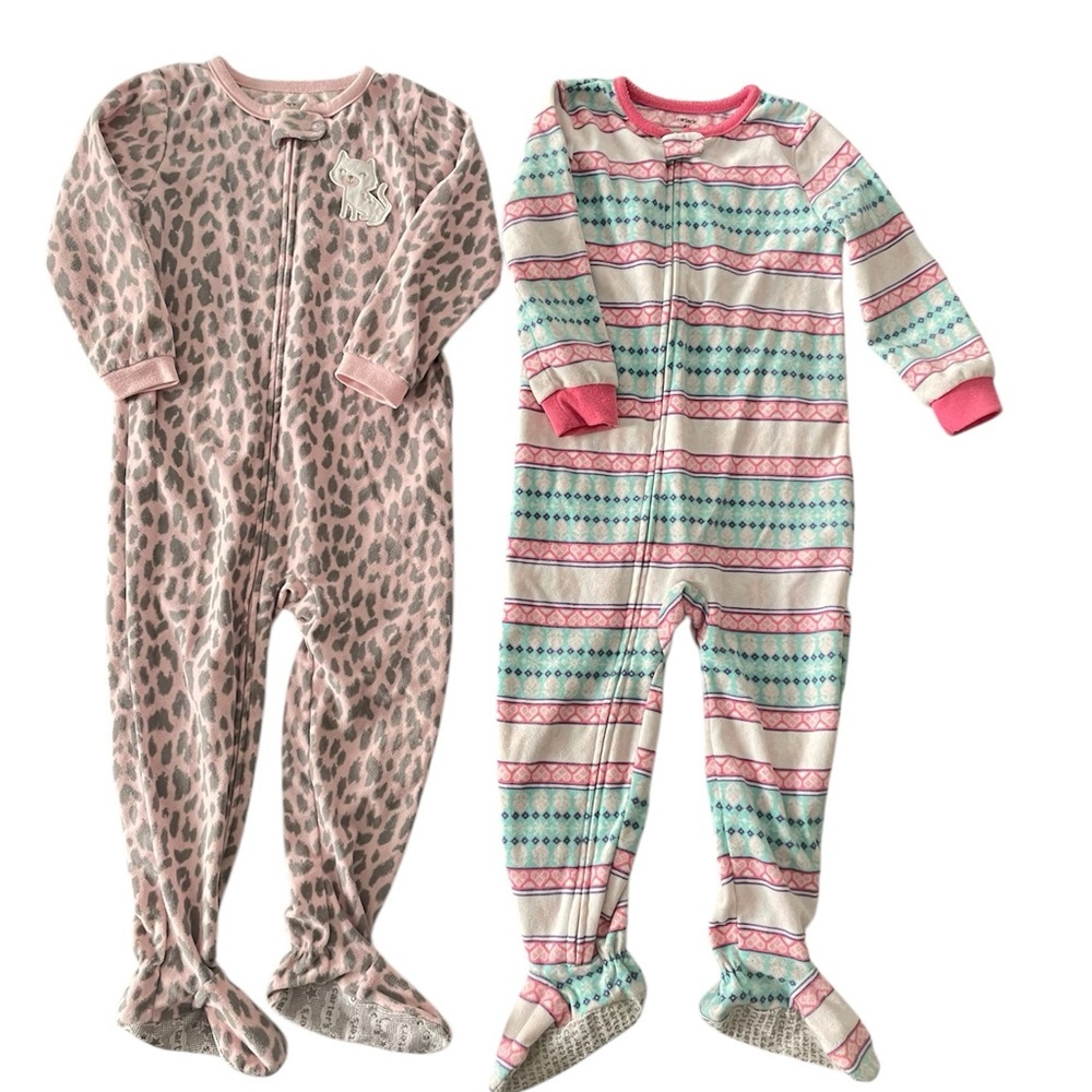 2 Toddler Girls Pink Heart Fleece Zip Up Sleeper Pajamas With Cat 4T